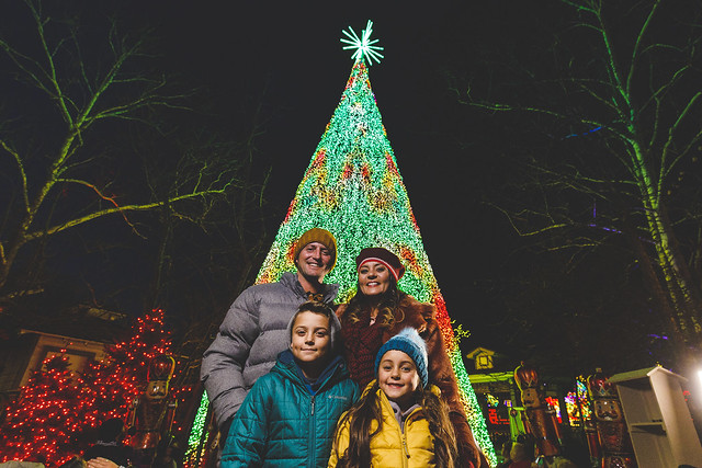 Branson Missouri Christmas light display with festive holiday decorations and illuminated trees at night